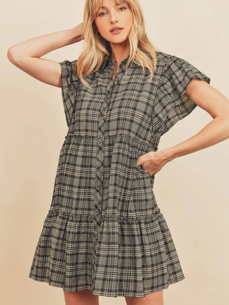 GREY AND BLACK PLAID TIERED BABY DOLL DRESS