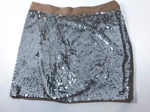 HAUTE HIPPIE Silver Sequins Skirt with Nude Ribbon Waist Size XS