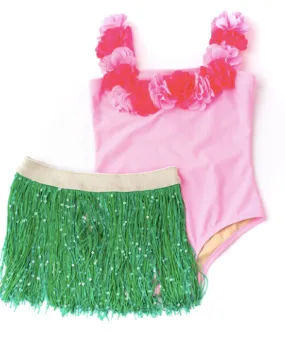 Hula Girl Lei One Piece & Fringe Skirt Swim Set