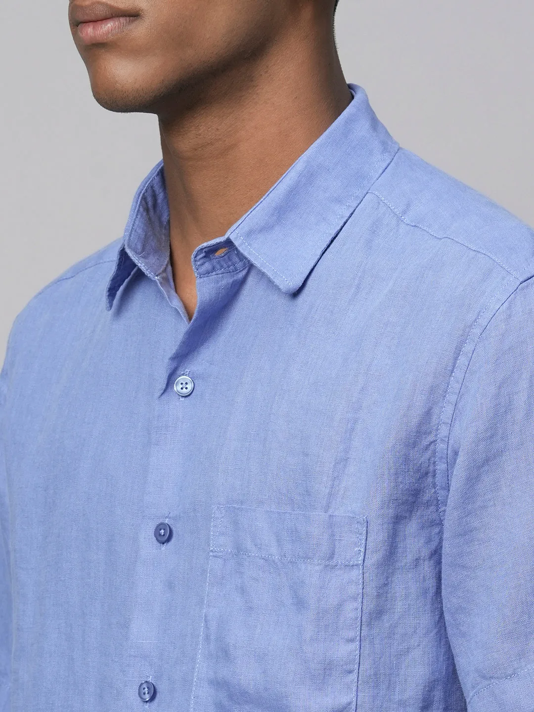 Men's Blue 100% Linen Regular Fit Short Sleeved Shirt