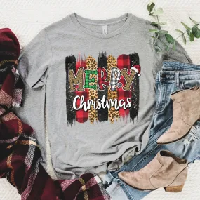 Merry Christmas Leopard Buffalo Plaid Long Sleeve