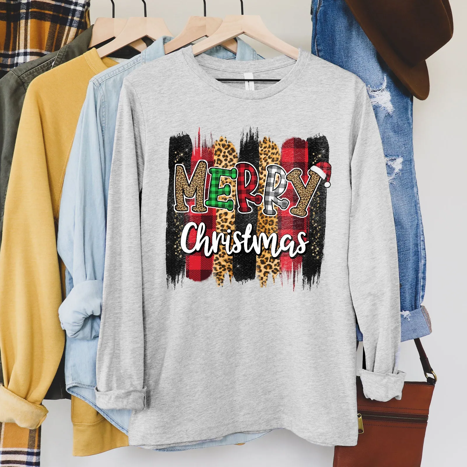 Merry Christmas Leopard Buffalo Plaid Long Sleeve