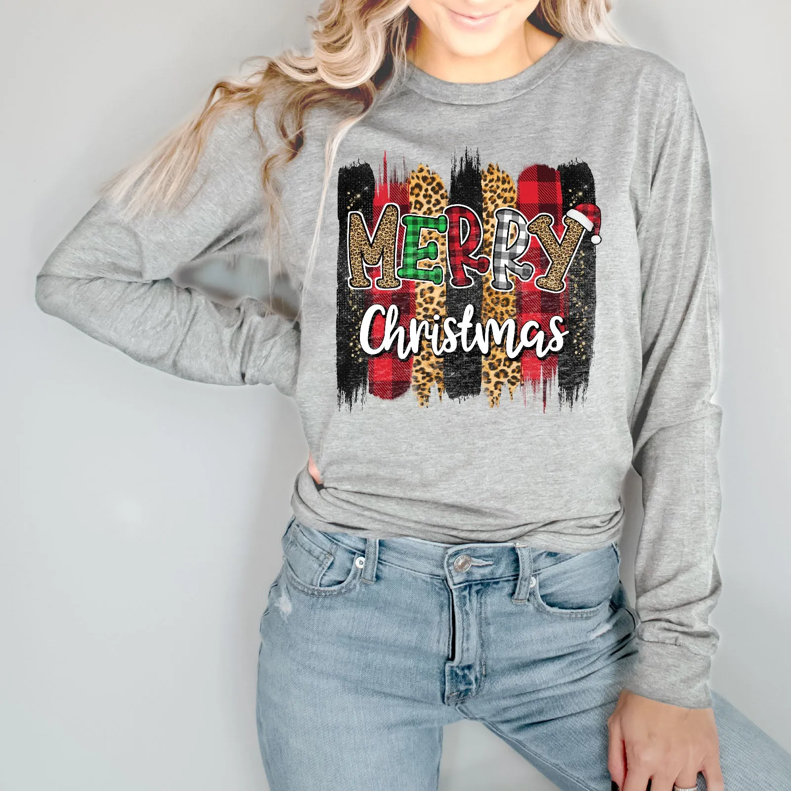 Merry Christmas Leopard Buffalo Plaid Long Sleeve