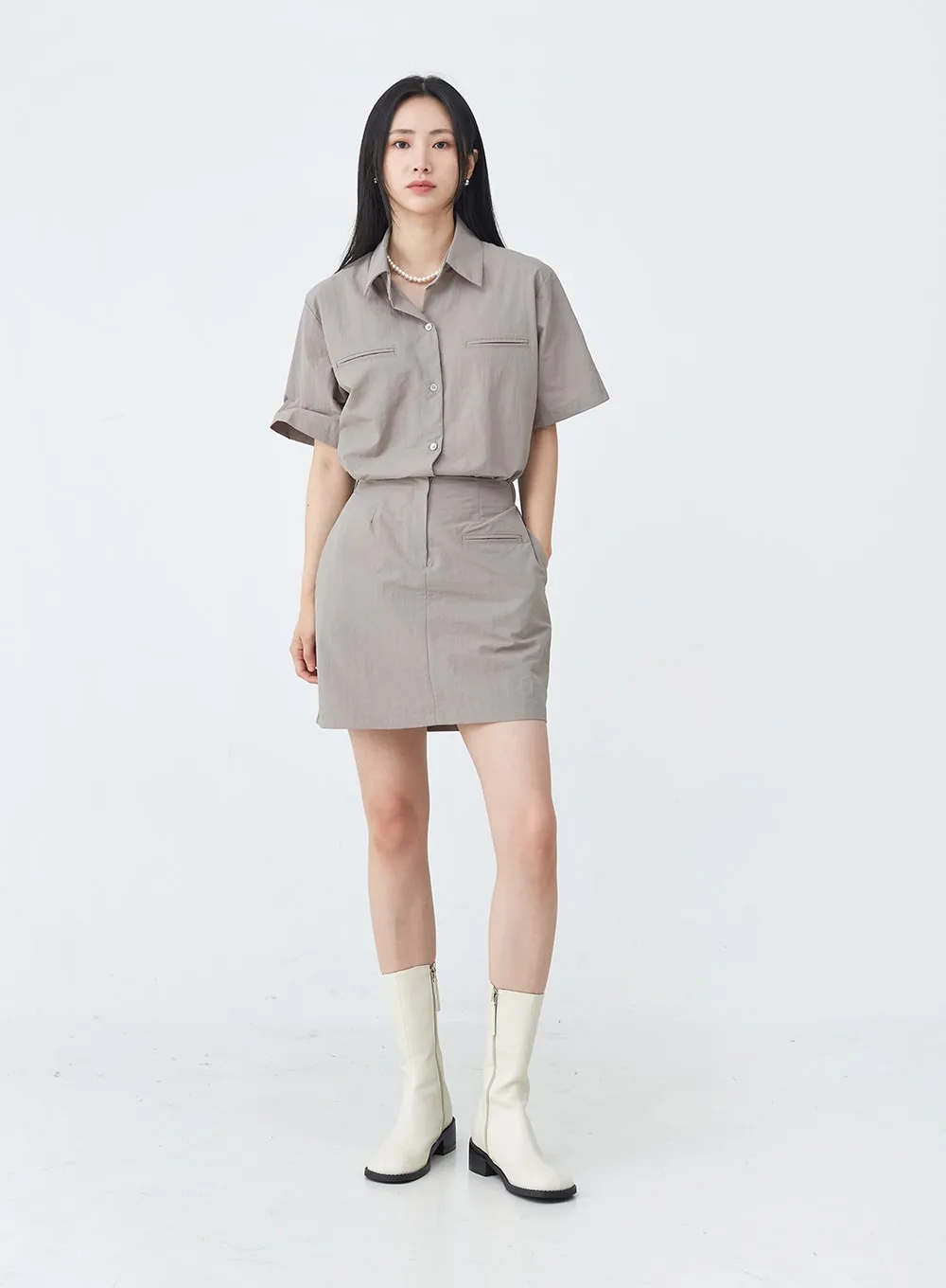 Nylon Set-up Skirt with Fake Pocket UU1407