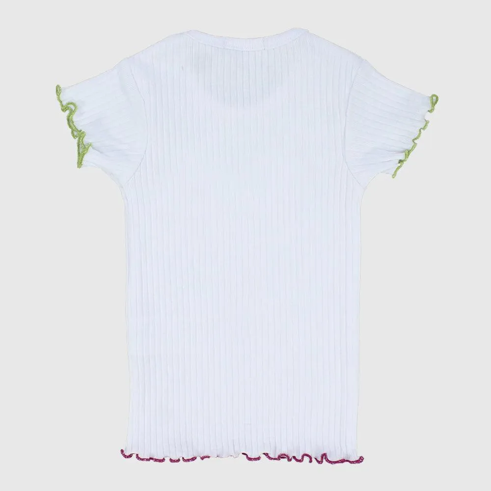 "Happy Sun" White Ribbed Short-Sleeved T-Shirt