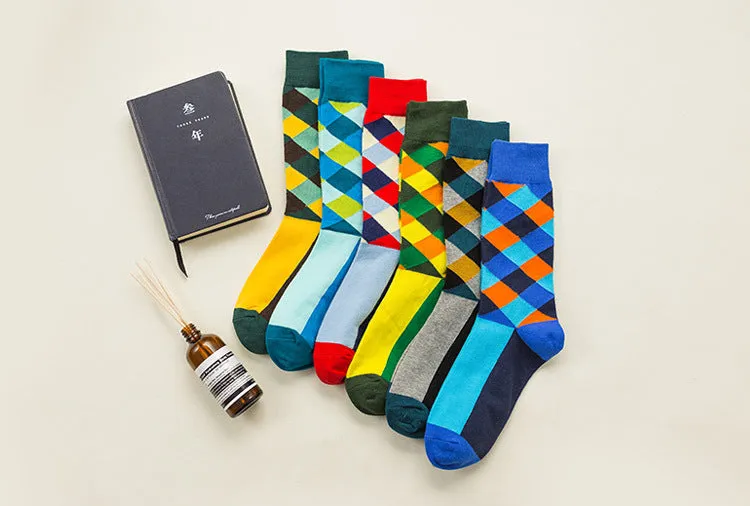 Rhombus Plaid Retro Contrast Color Tube Socks