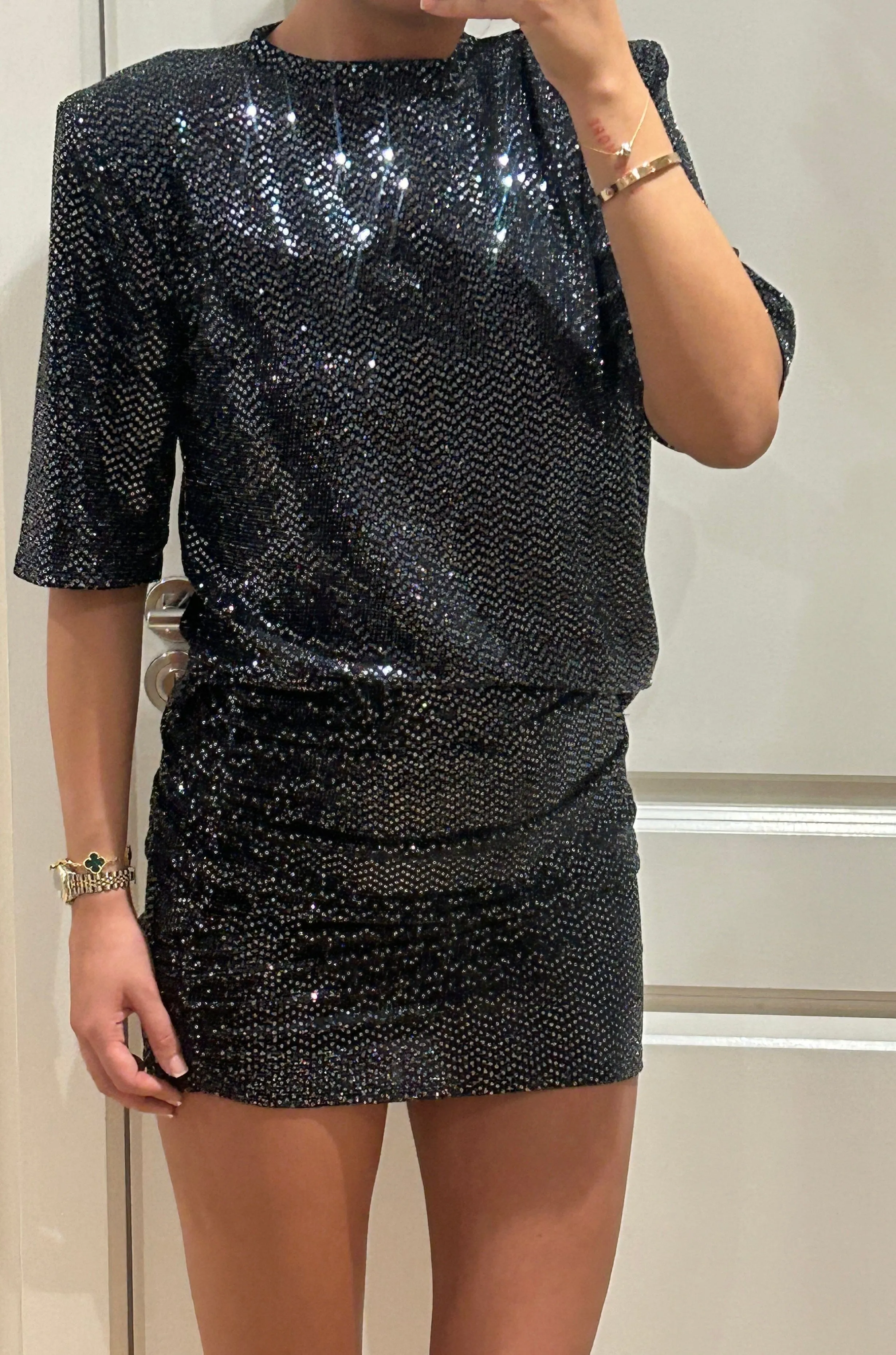 Silver Sequin T-shirt and Mini Skirt Suit