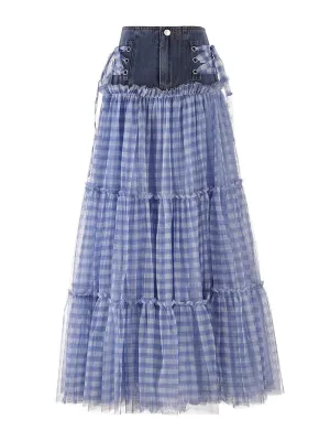 SISTA Plaid Maxi Skirt w Denim Belt