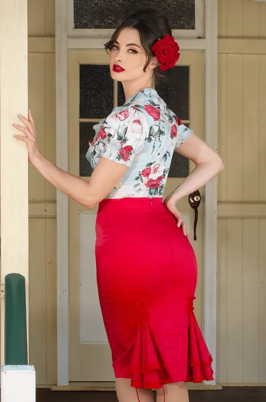 Tea Rose Wiggle Skirt (Red)