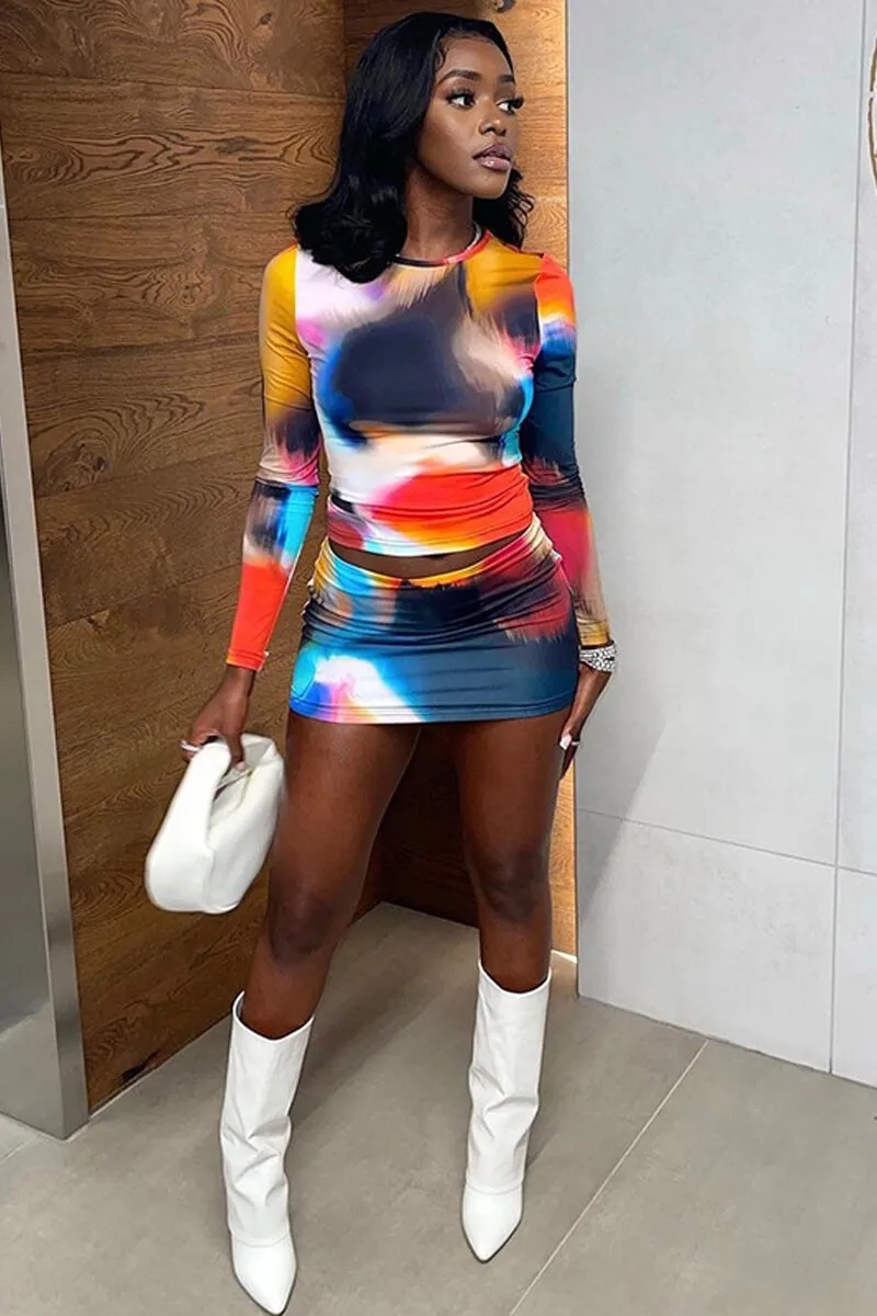 Tie Dye Print Long Sleeve Crop Top And Mini Skirt Set