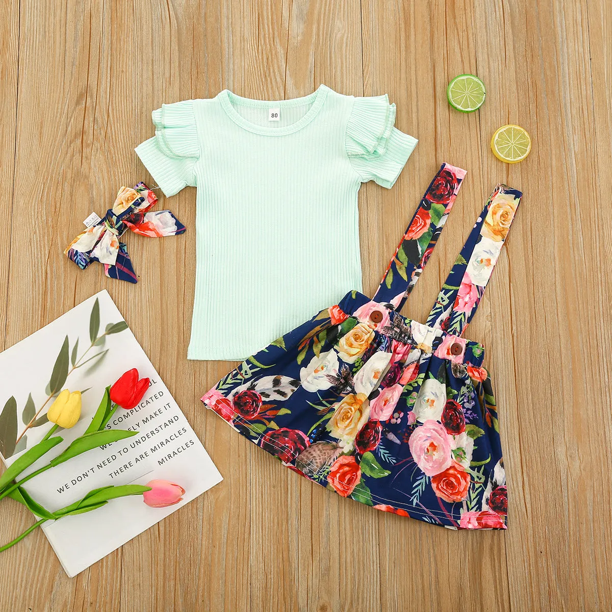 Toddler Girls Solid Color Knit Short-sleeved Top Floral Print Straps Skirt Set