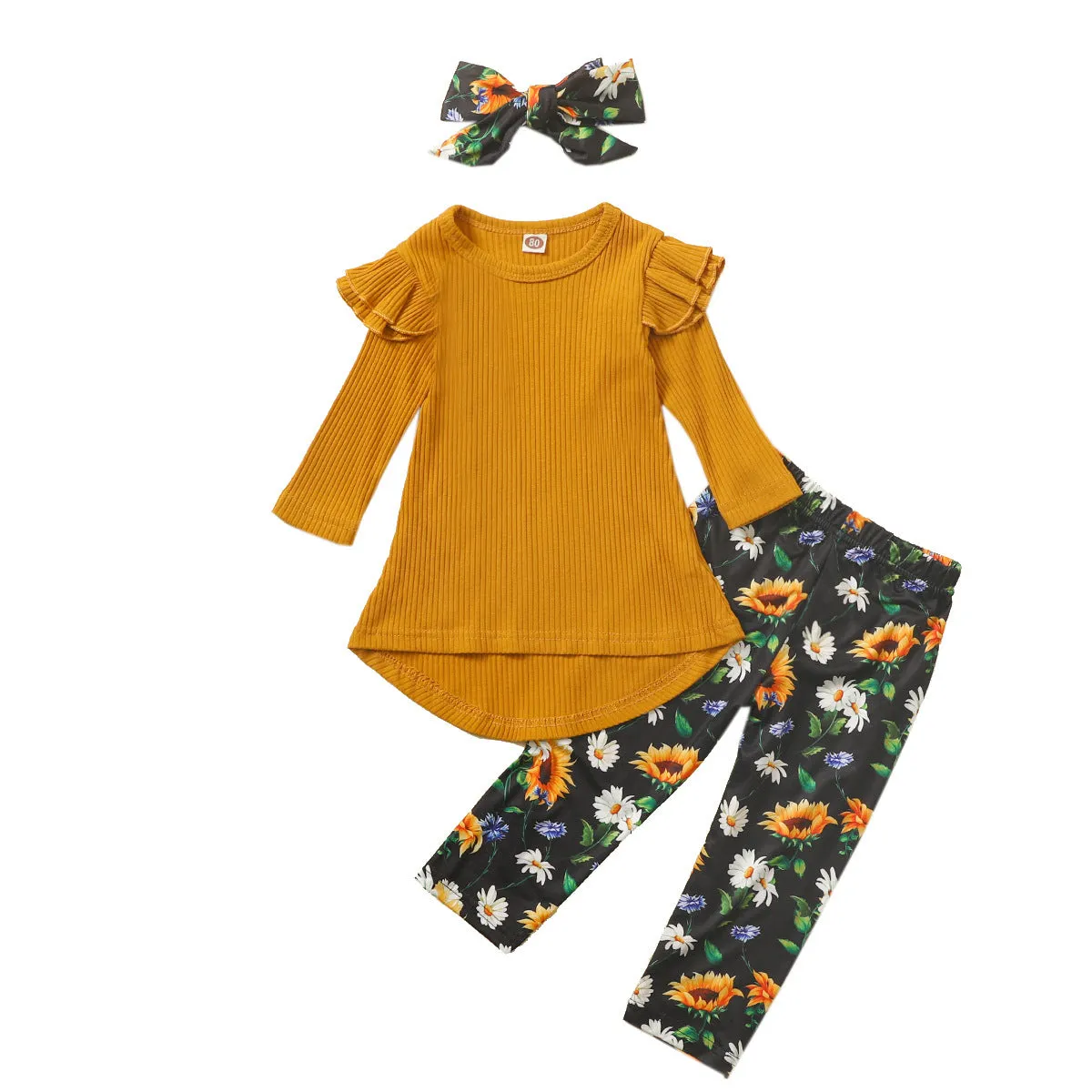 Toddler Girls Solid Color Knit Short-sleeved Top Floral Print Straps Skirt Set