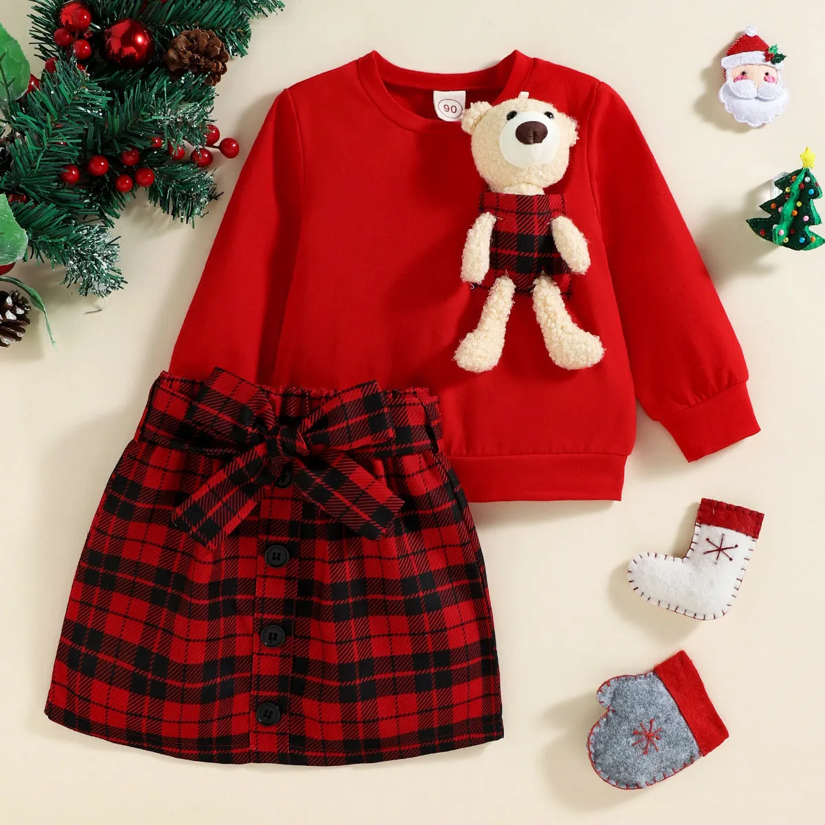 Toddler Girls Solid Cute Bear Doll Sweater Plaid Print Skirt Suit