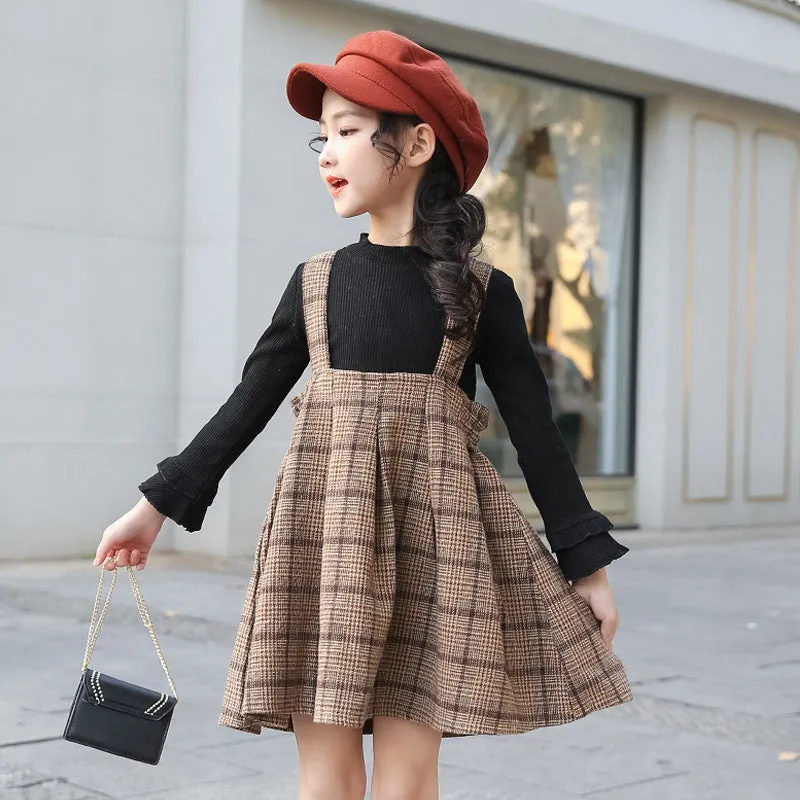 Toddler Kids Girls Solid Color Long-sleeved Top Plaid Print Straps Skirt Set