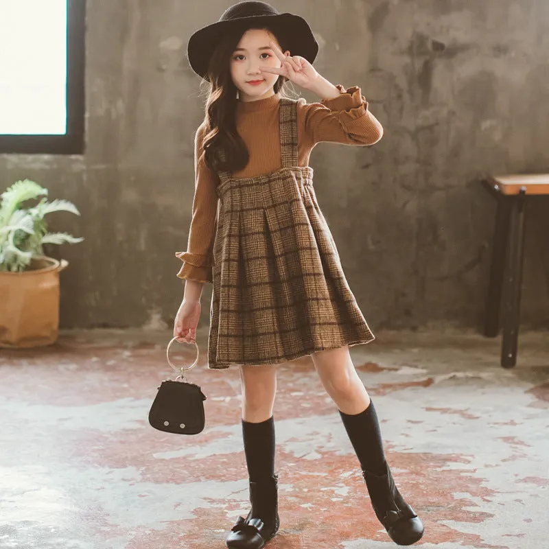 Toddler Kids Girls Solid Color Long-sleeved Top Plaid Print Straps Skirt Set