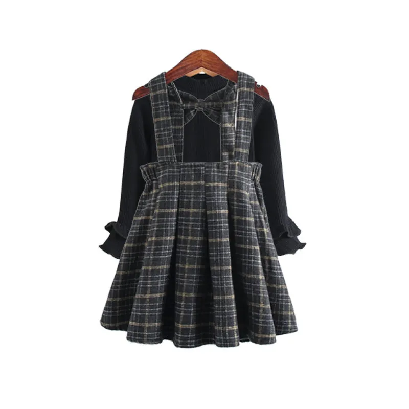 Toddler Kids Girls Solid Color Long-sleeved Top Plaid Print Straps Skirt Set