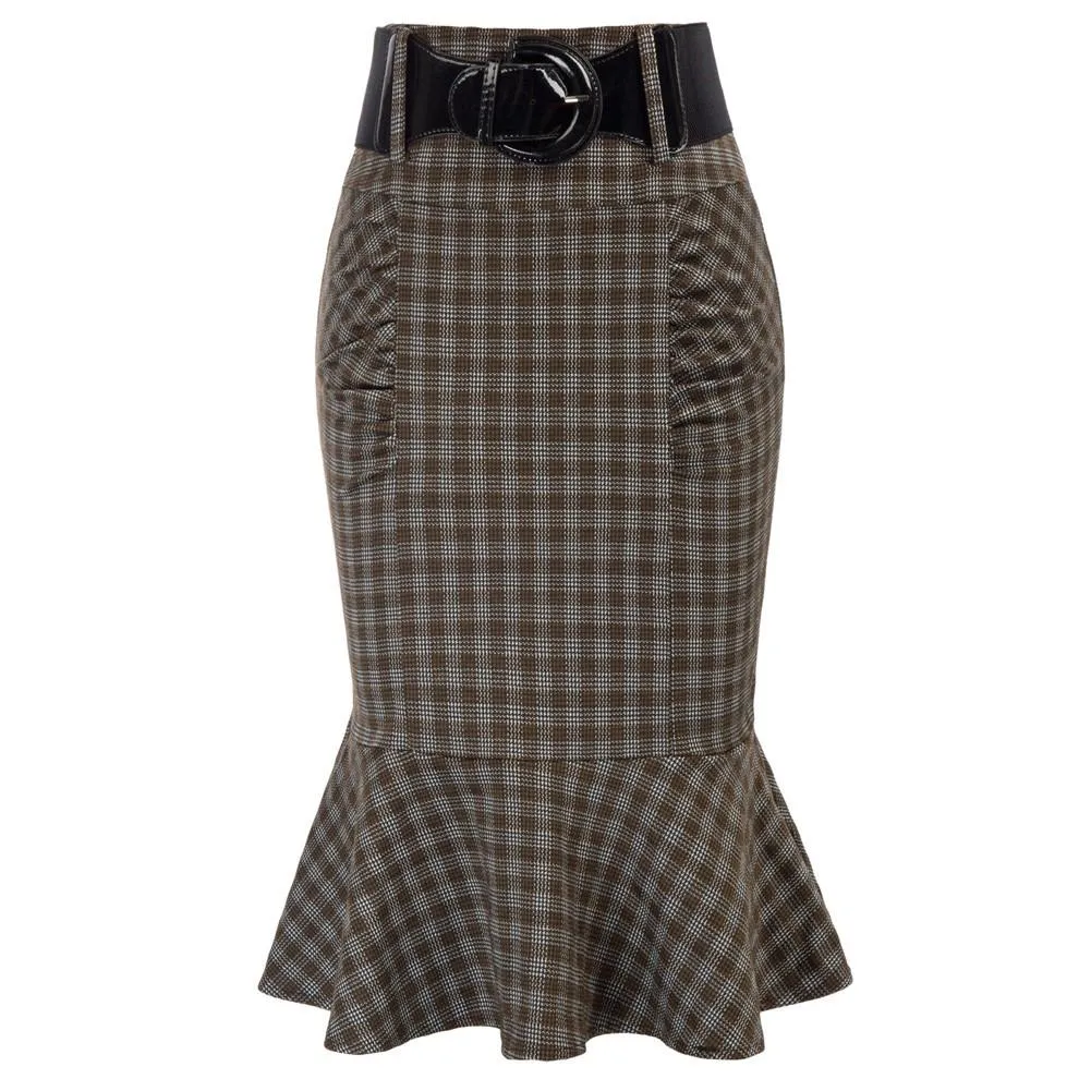 Vintage Plaid Mermaid Hem Shirred Detail Pencil Skirt with Belt