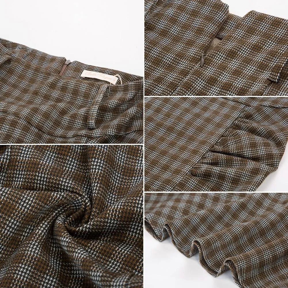 Vintage Plaid Mermaid Hem Shirred Detail Pencil Skirt with Belt