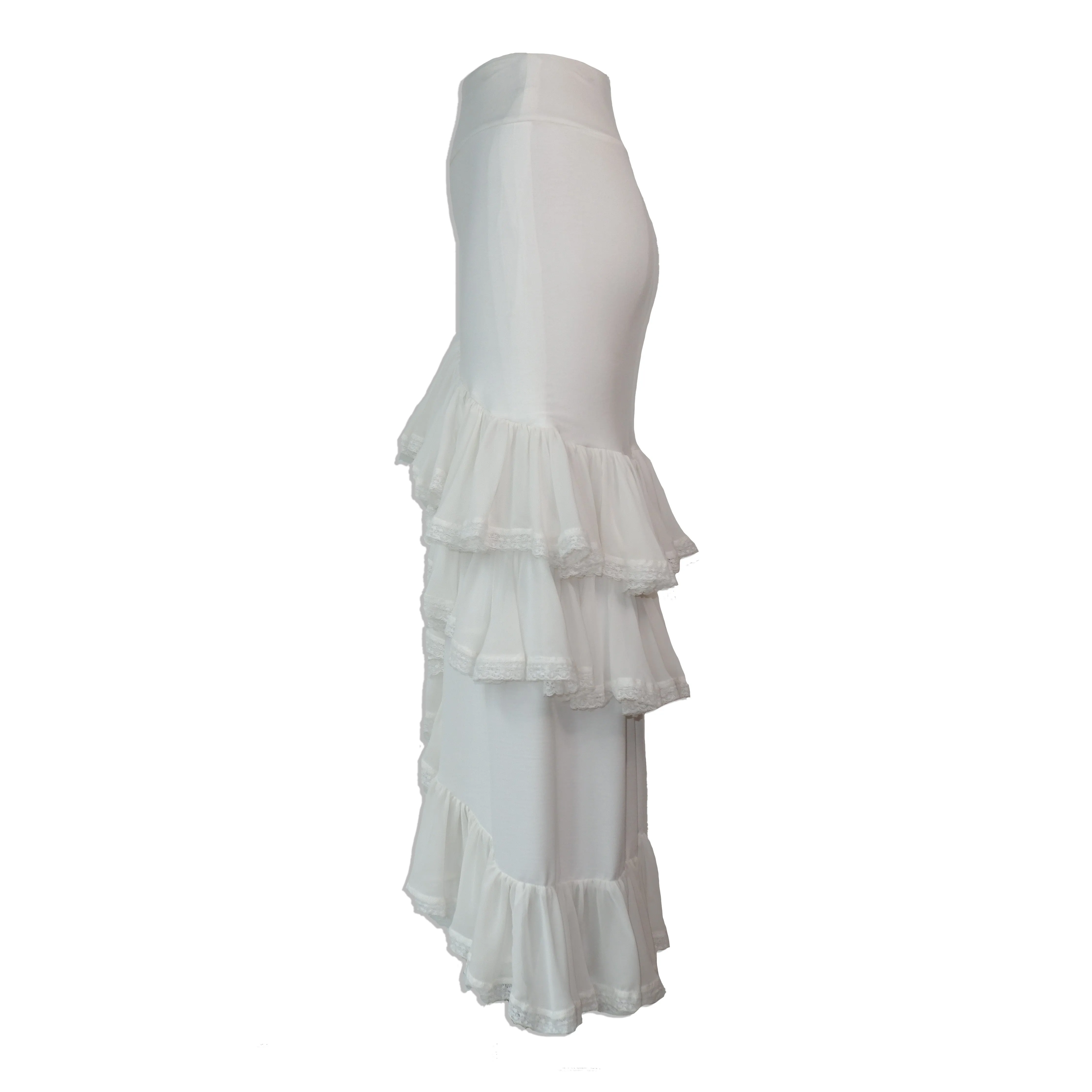 White Modal Jersey Skirt with Lace Ruffle Hem