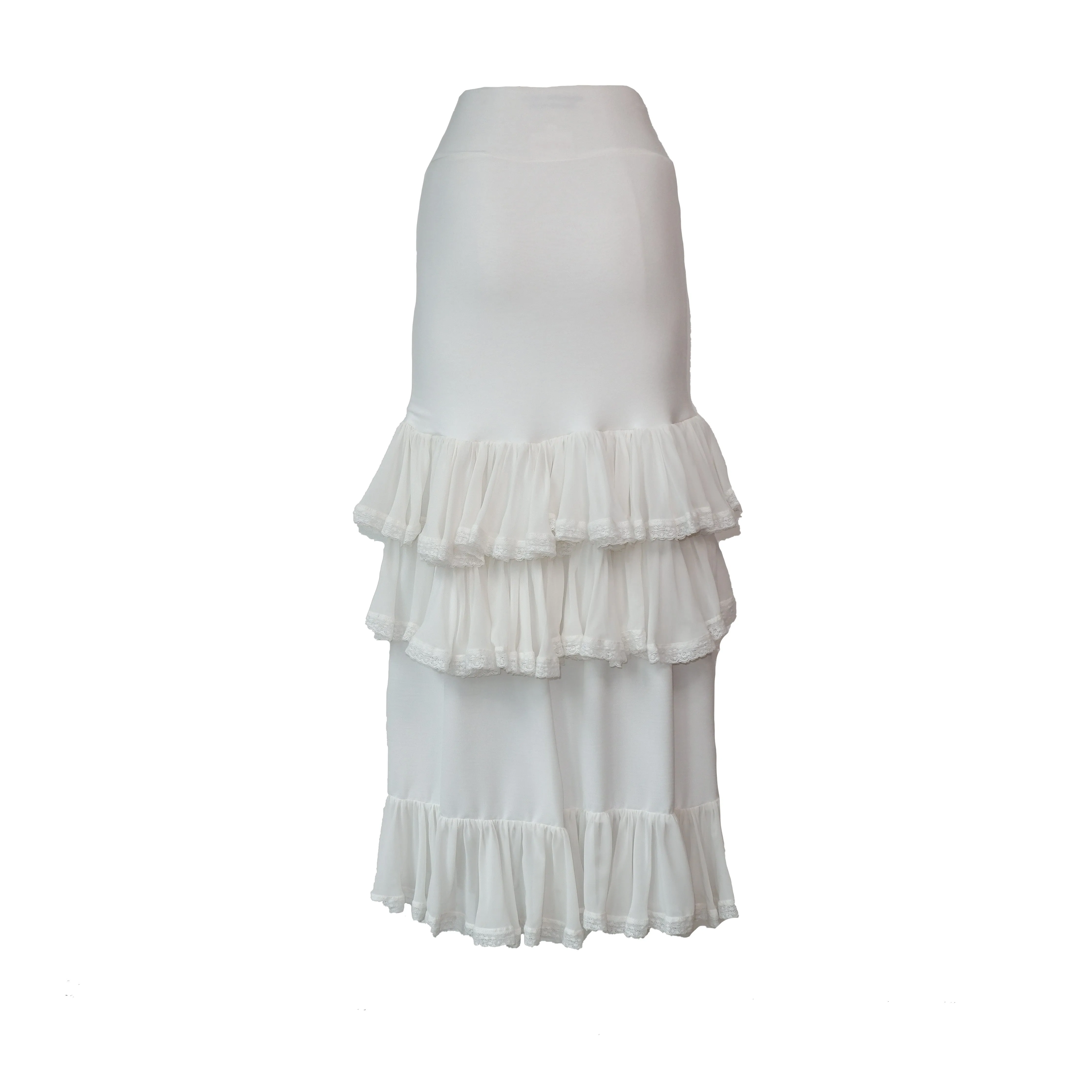 White Modal Jersey Skirt with Lace Ruffle Hem